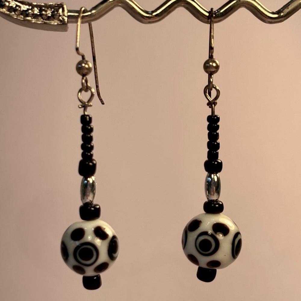 Earrings Pierced Handcrafted Unique Design  Women White Glass Bead & Black Dots